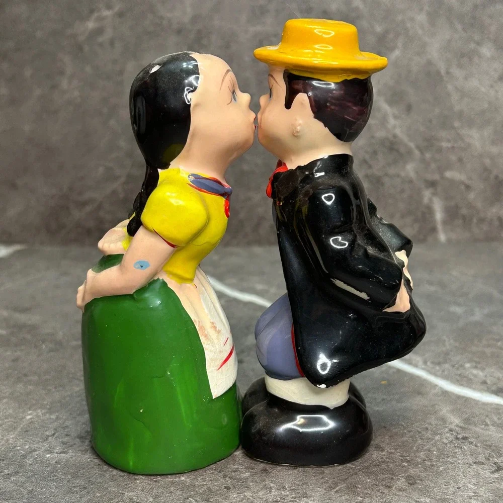Vintage Kissing Dutch Boy and Girl Salt and Pepper Shakers Ceramic Figurines